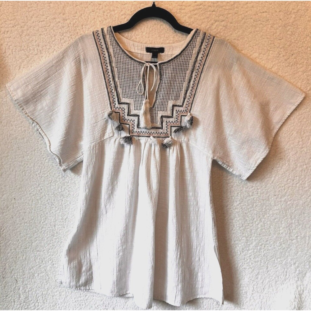 J Crew Tunic Embroidered Top Beach Cover Up With Tassels XS Beaded